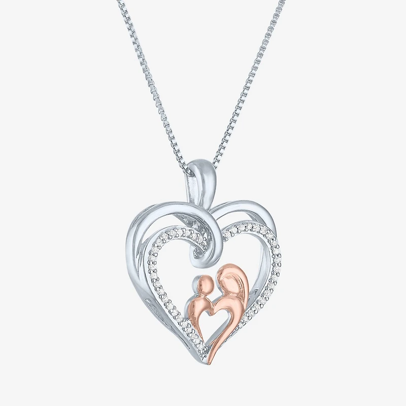 "Mother And Daughter" Womens 1/10 CT. T.W. Natural White Diamond 14K Rose Gold Over Silver Sterling Silver Heart 18 Inch Pendant Necklace