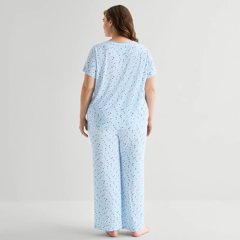 Jaclyn Womens V-Neck Short Sleeve 2-pc. Plus Pajama Set