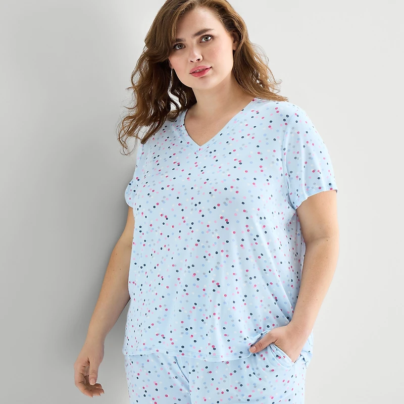 Jaclyn Womens V-Neck Short Sleeve 2-pc. Plus Pajama Set