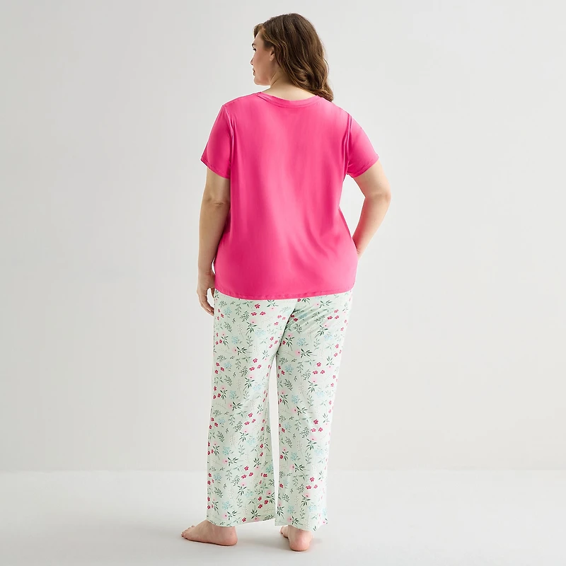 Jaclyn Womens V-Neck Short Sleeve 2-pc. Plus Pajama Set