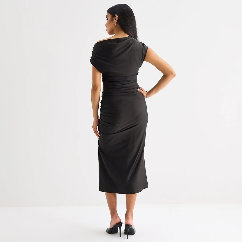 Premier Amour One Shoulder Womens Midi Asymmetrical Neck Short Sleeve Sheath Dress
