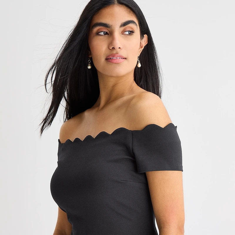Premier Amour Off The Shoulder Womens Scallop Neck Short Sleeve Sheath Dress