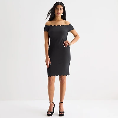 Premier Amour Off The Shoulder Womens Scallop Neck Short Sleeve Sheath Dress