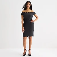 Premier Amour Off The Shoulder Womens Scallop Neck Short Sleeve Sheath Dress