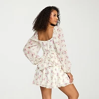 City Triangle Womens Juniors V Neck Long Sleeve Balloon Floral Fit + Flare Dress