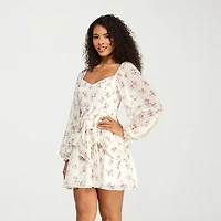 City Triangle Womens Juniors V Neck Long Sleeve Balloon Floral Fit + Flare Dress