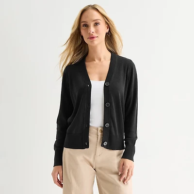 Liz Claiborne Womens V Neck Long Sleeve Button Cardigan