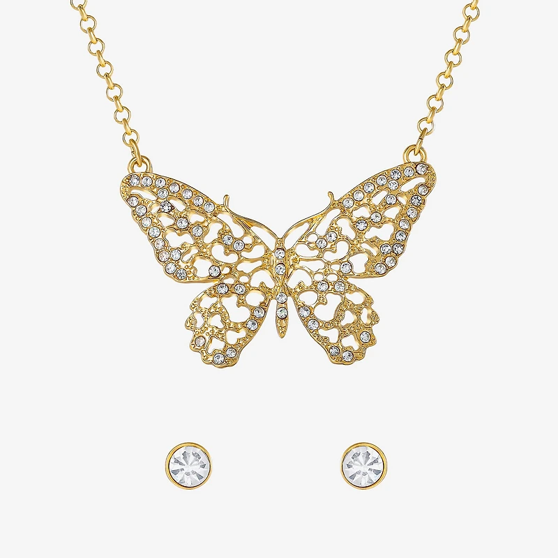 JS Jessica Simpson Gold Tone Pendant Necklace & Stud Earring Womens Crystal Butterfly 3-pc. Jewelry Set