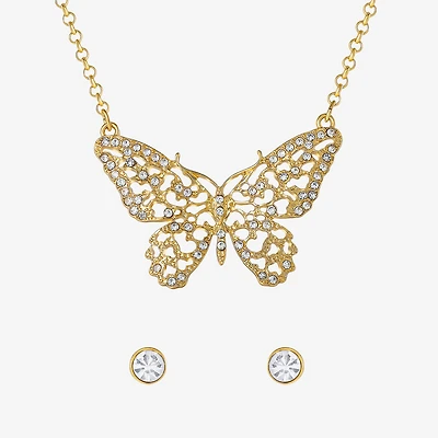 JS Jessica Simpson Gold Tone Pendant Necklace & Stud Earring Womens Crystal Butterfly 3-pc. Jewelry Set