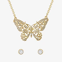 JS Jessica Simpson Gold Tone Pendant Necklace & Stud Earring Womens Crystal Butterfly 3-pc. Jewelry Set