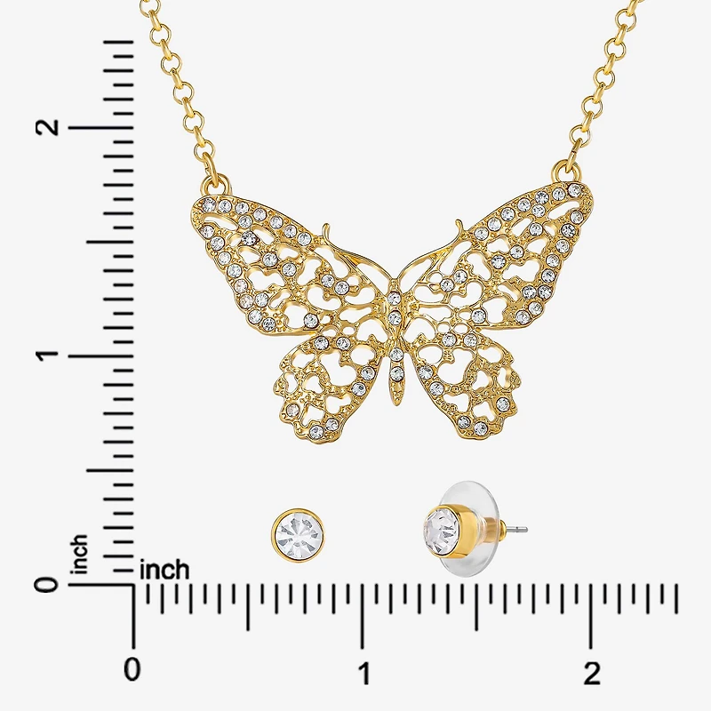 JS Jessica Simpson Gold Tone Pendant Necklace & Stud Earring Womens Crystal Butterfly 3-pc. Jewelry Set