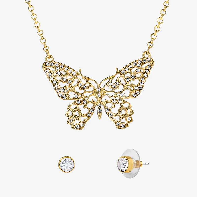 JS Jessica Simpson Gold Tone Pendant Necklace & Stud Earring Womens Crystal Butterfly 3-pc. Jewelry Set