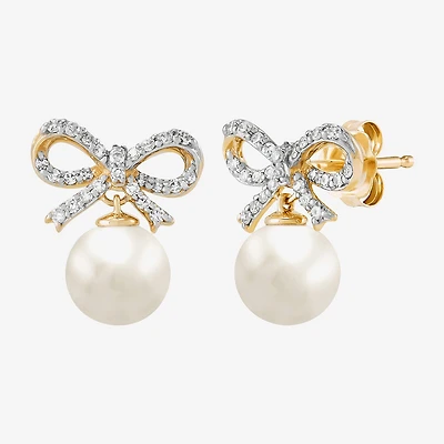 Limited Quantities! 1/6 CT. T.W. Genuine White Cultured Freshwater Pearl 14K Gold 12.5mm Bow Stud Earrings