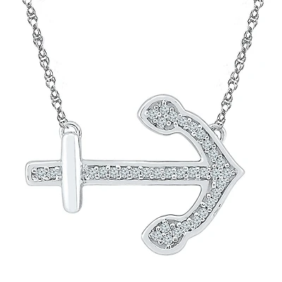 Womens 1/10 CT. T.W. Natural White Diamond Sterling Silver Anchor 18 Inch Pendant Necklace