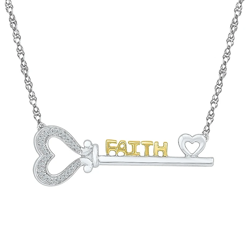 "Faith" Womens Diamond Accent Natural Diamond 10K Gold Over Silver Heart Keys 18 Inch Pendant Necklace