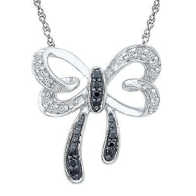 Womens 1/10 CT. T.W. Natural Black Diamond Sterling Silver Bow 18 Inch Pendant Necklace