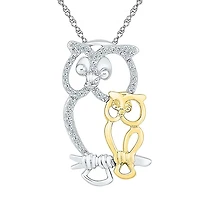"Mother And Daughter" Owl Womens 1/10 CT. T.W. Natural White Diamond 10K Gold Over Silver 18 Inch Pendant Necklace