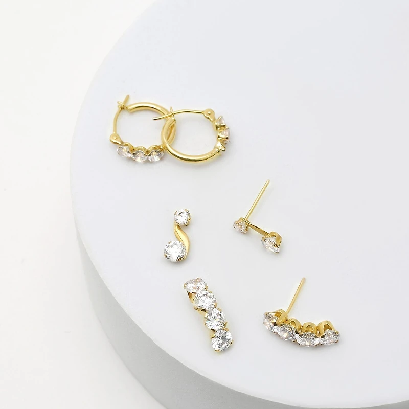 Womens 3 Pair Cubic Zirconia 14K Gold Earring Set