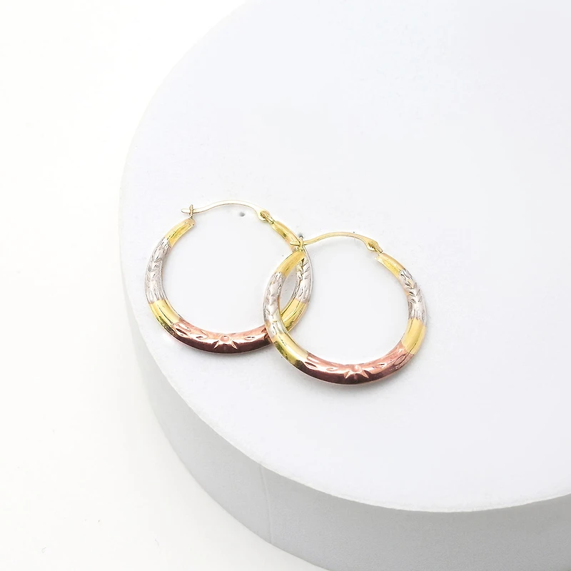 14K Tri-Tone Gold Diamond-Cut Round Hoop Earrings