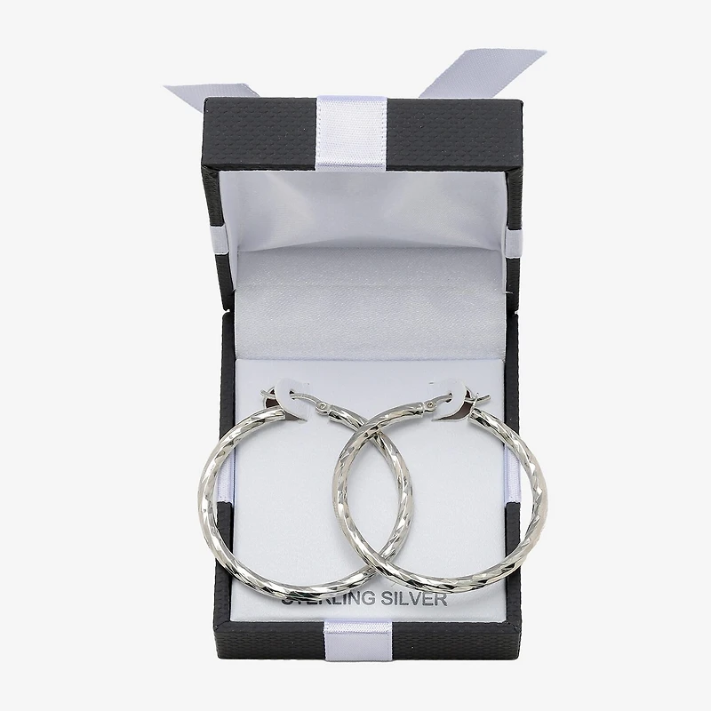 Womens Sterling Silver 40mm Round Hoop Earrings
