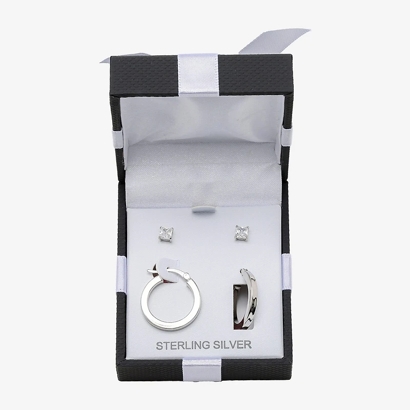 Womens Cubic Zirconia Sterling Silver Round 2 Pair Earring Set
