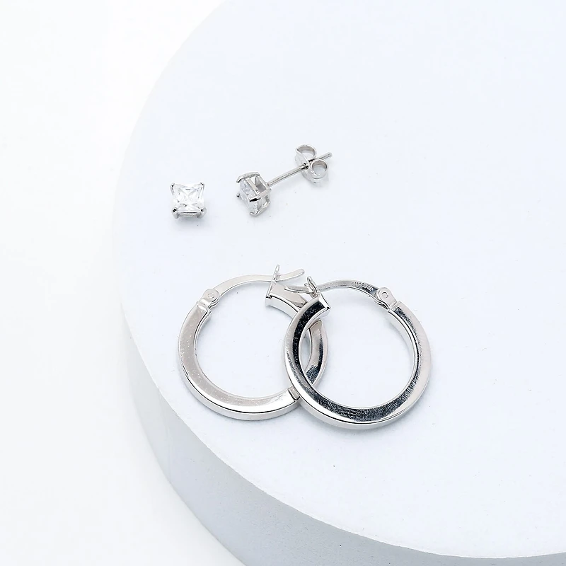 Womens Cubic Zirconia Sterling Silver Round 2 Pair Earring Set