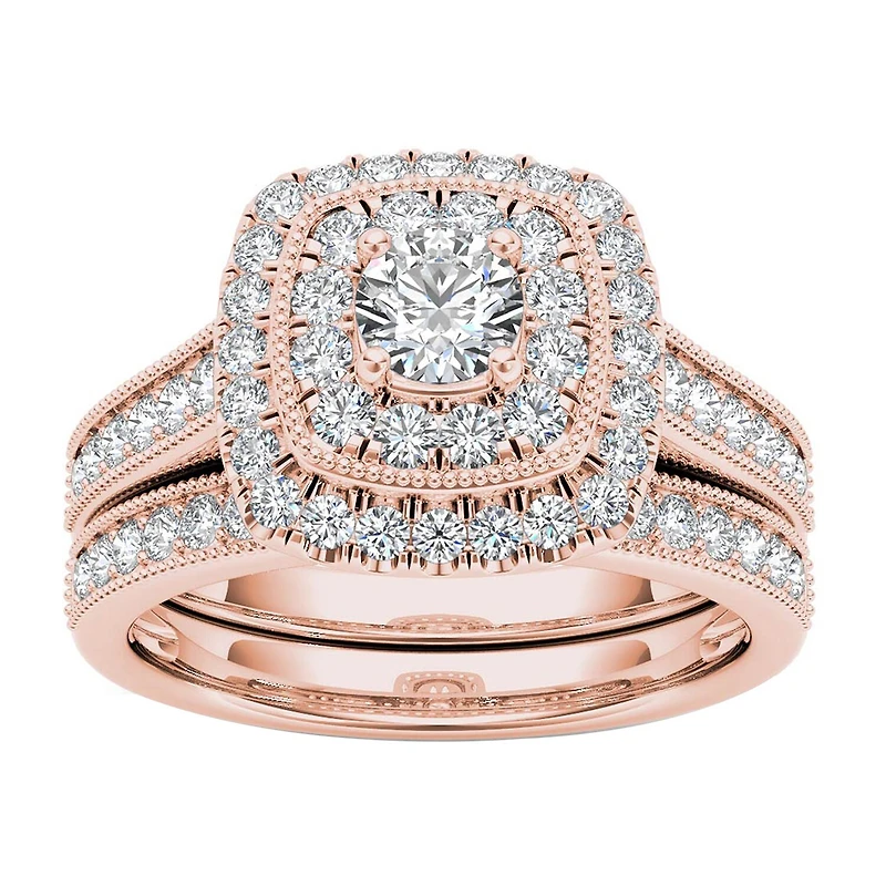 Womens 3/4 CT. T.W. Natural White Diamond 14K Gold Cushion Halo Bridal Set