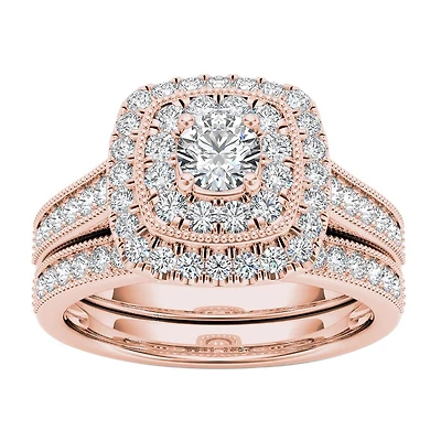 Womens 3/4 CT. T.W. Natural White Diamond 14K Gold Cushion Halo Bridal Set