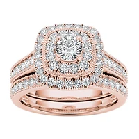 Womens 3/4 CT. T.W. Natural White Diamond 14K Gold Cushion Halo Bridal Set