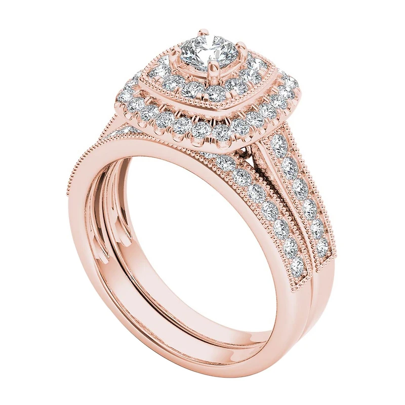 Womens 3/4 CT. T.W. Natural White Diamond 14K Gold Cushion Halo Bridal Set