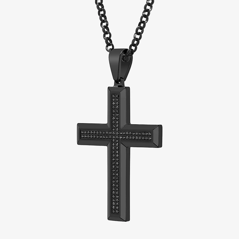 Mens 1/2 CT. T.W. Black Diamond Stainless Steel Cross 24 Inch Pendant Necklace