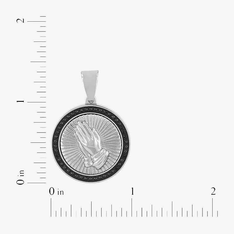 Mens 1/4 CT. T.W. Natural Diamond Stainless Steel Circle Prayer Hands Pendant Necklace