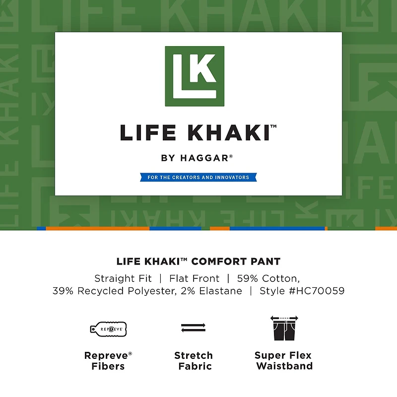 Haggar Life Khaki Comfort Chino Mens Waistband Straight Fit Flat Front Pant