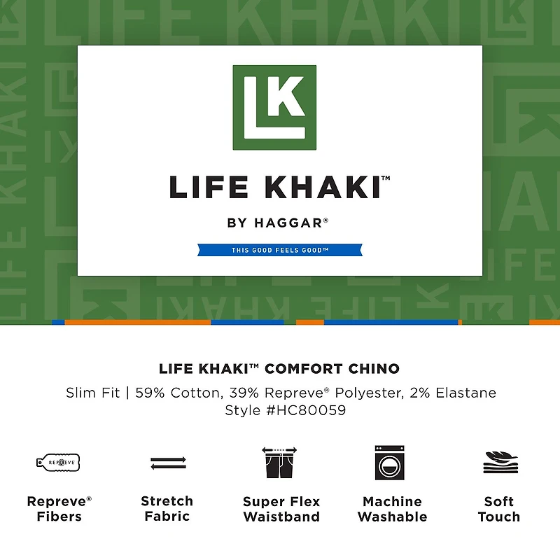 Haggar Life Khaki Chino Mens Comfort Waistband Slim Fit Flat Front Pant