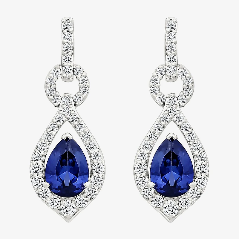 Womens Lab Created Blue Sapphire Sterling Silver Pear Drop Earrings