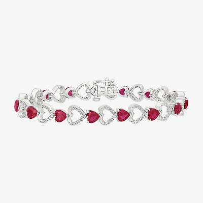 Womens Lab Created Red Ruby Sterling Silver Heart Tennis Bracelet