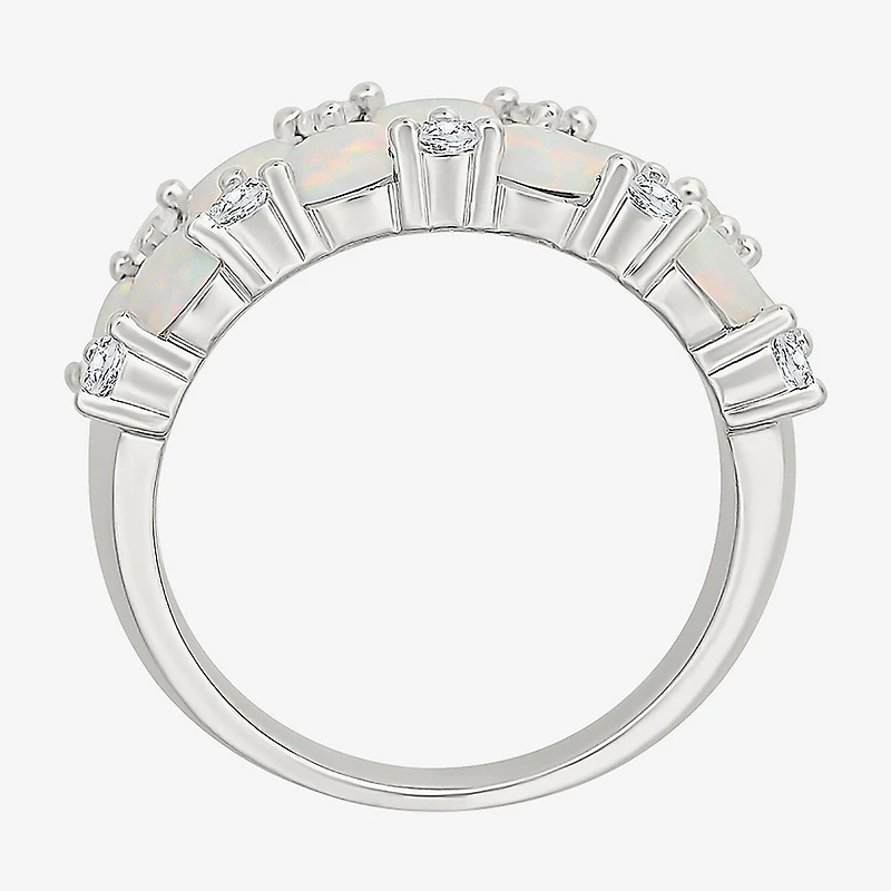 Womens 9M Lab Created White Opal Sterling Silver Band