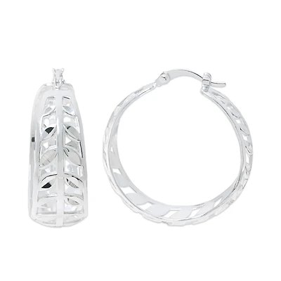 Sterling Silver Diamond-Cut Leaf Hoop Earrings