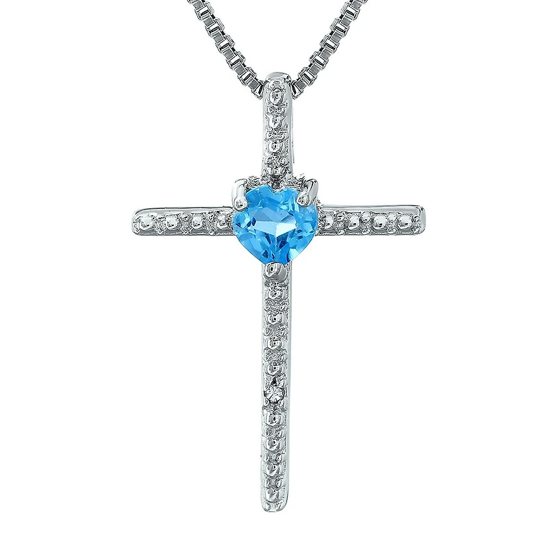 Genuine Blue Topaz and Diamond-Accent Sterling Silver Cross and Heart Pendant Necklace