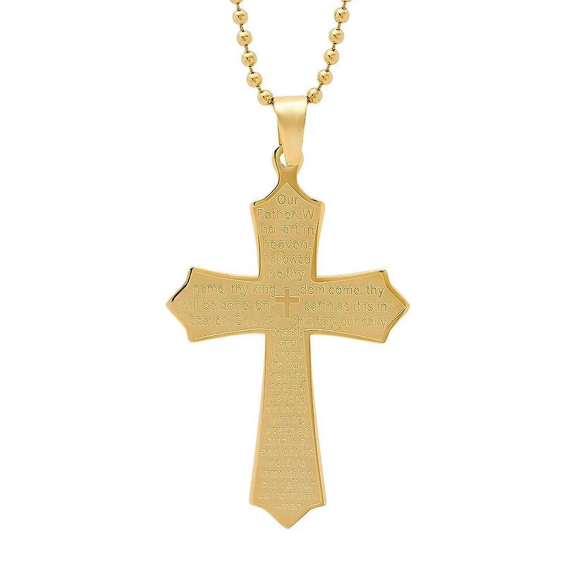Steeltime Lord'S Prayer Mens 18K Gold Stainless Steel Cross 24 Inch Pendant Necklace