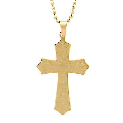 Steeltime Lord'S Prayer Mens 18K Gold Stainless Steel Cross 24 Inch Pendant Necklace