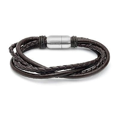 Steeltime Braided Leather Mens Stainless Steel Wrap Bracelet