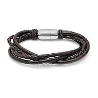 Steeltime Braided Leather Mens Stainless Steel Wrap Bracelet