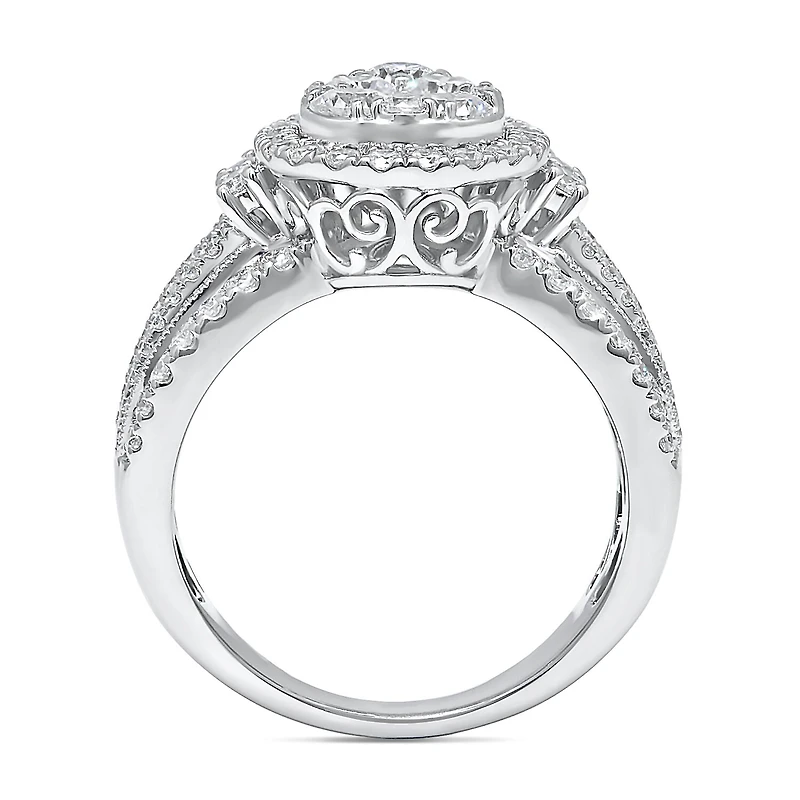 2 CT.T.W. Natural Diamond Pear Shape Side Stone Halo Engagement Ring 10K or 14K White Gold