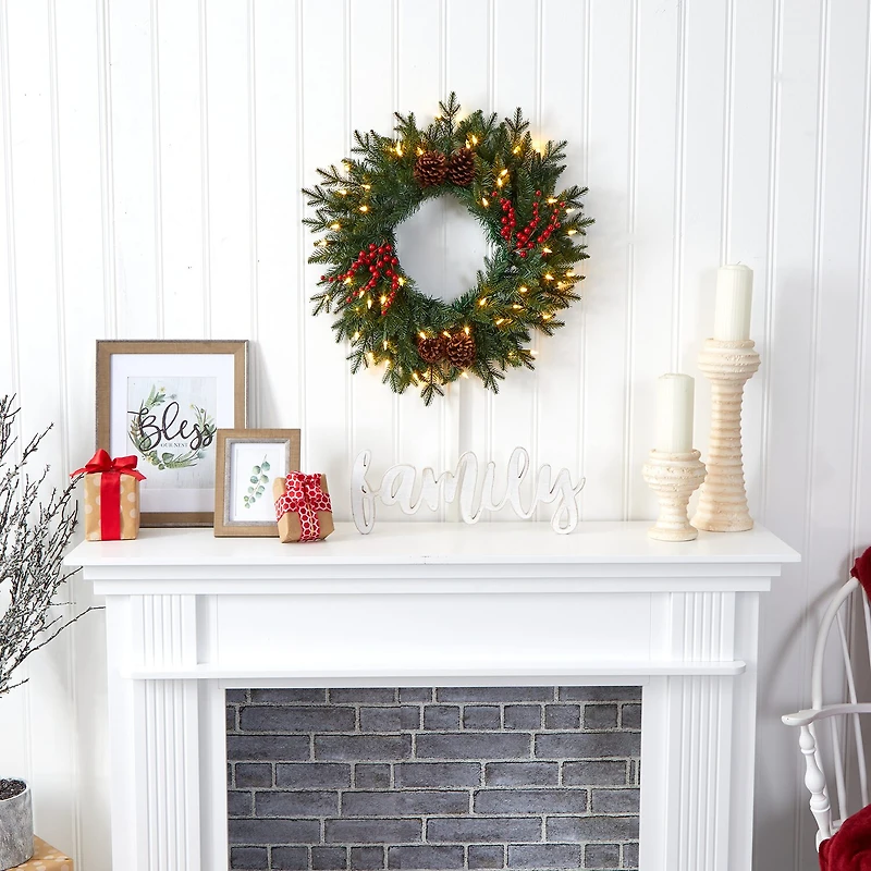 Nearly Natural 24in. Green Pine Artificial Christmas Wreath With 50 Warm White Led Lights; Berries And Pine Cones Pre-Lit Wreath