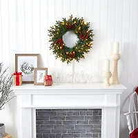 Nearly Natural 24in. Green Pine Artificial Christmas Wreath With 50 Warm White Led Lights; Berries And Pine Cones Pre-Lit Wreath