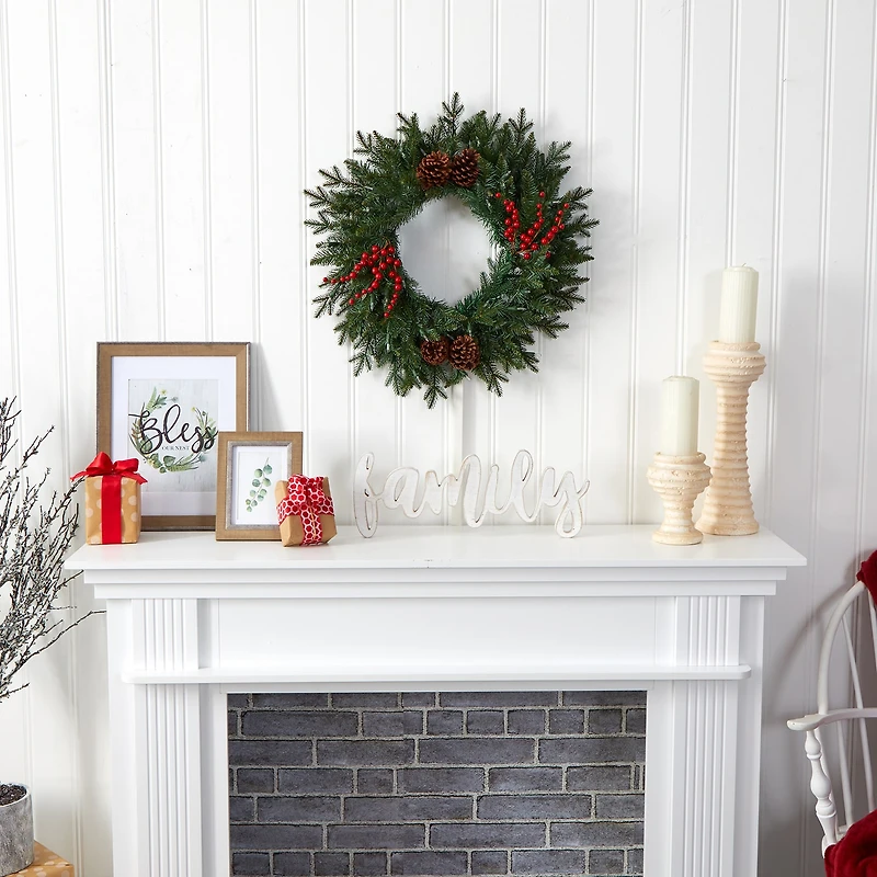 Nearly Natural 24in. Green Pine Artificial Christmas Wreath With 50 Warm White Led Lights; Berries And Pine Cones Pre-Lit Wreath