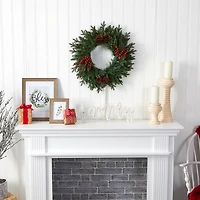 Nearly Natural 24in. Green Pine Artificial Christmas Wreath With 50 Warm White Led Lights; Berries And Pine Cones Pre-Lit Wreath