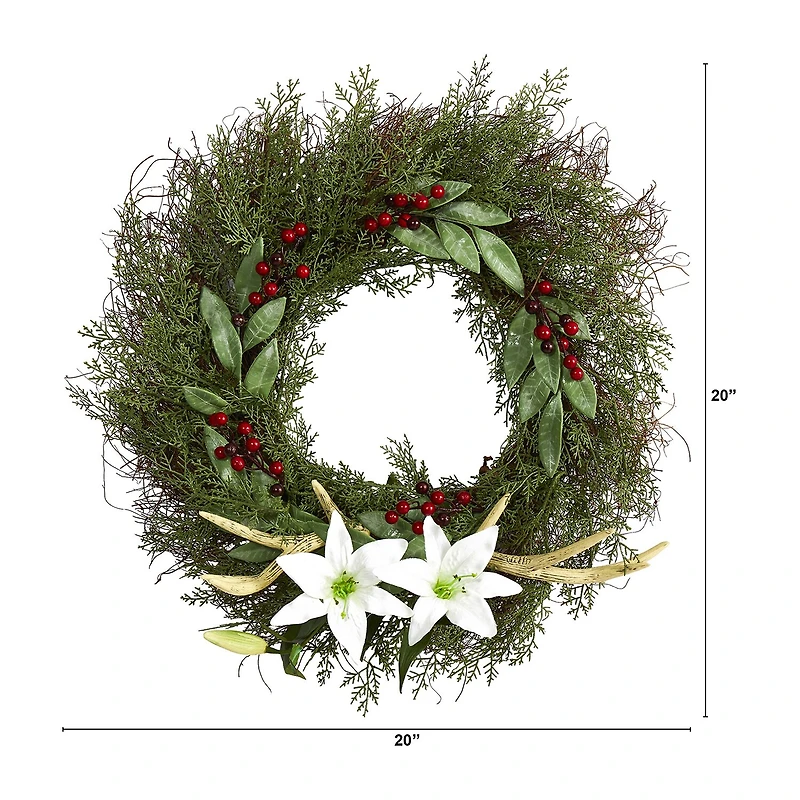 Nearly Natural 20in. Cedar; Antlers; Lily And Ruscus With Berries Artificial Wreath Wreath