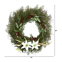 Nearly Natural 20in. Cedar; Antlers; Lily And Ruscus With Berries Artificial Wreath Wreath
